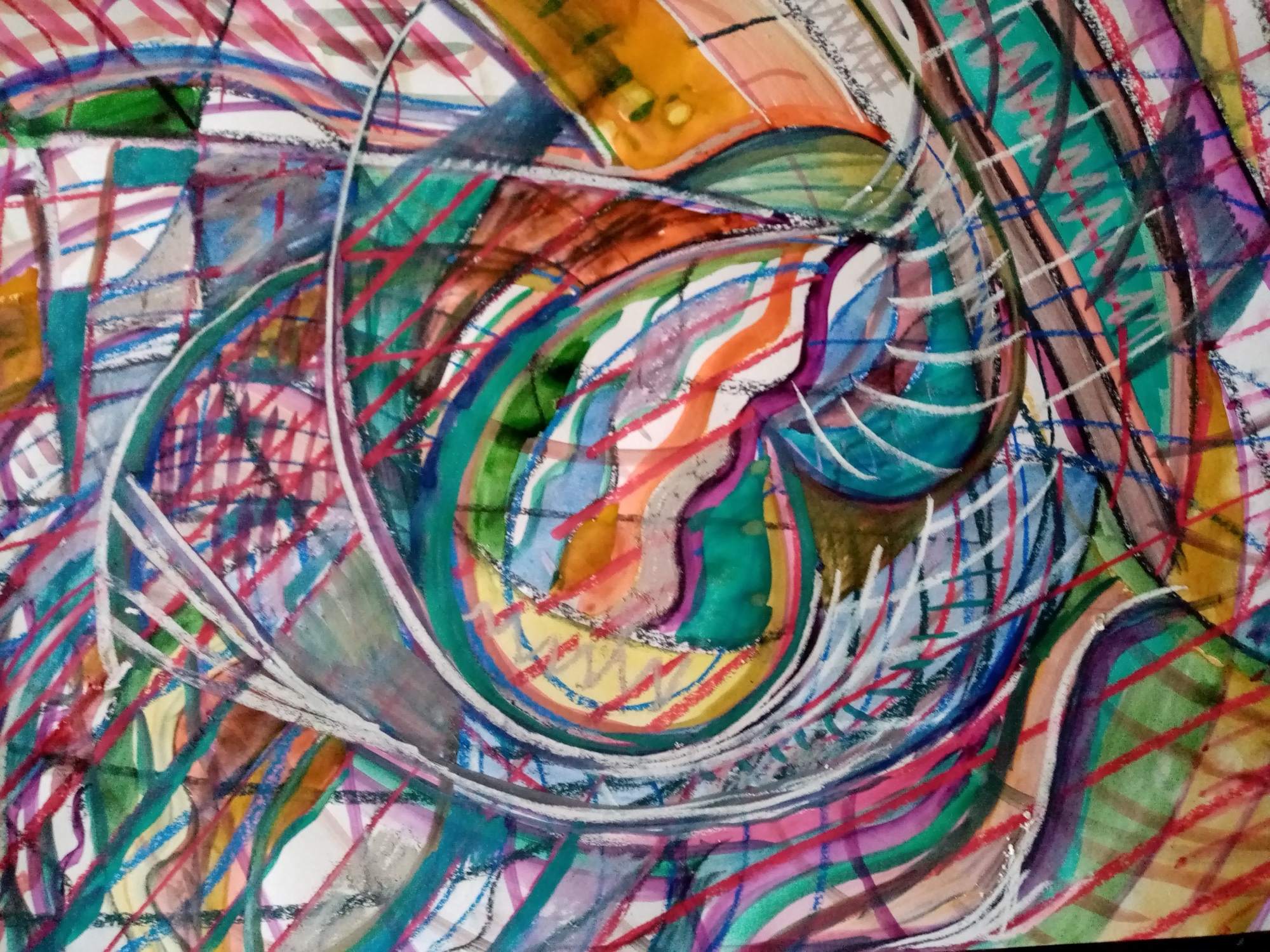 Tekening met golvende kleurbanen rond een cirkel rechts in het beeld