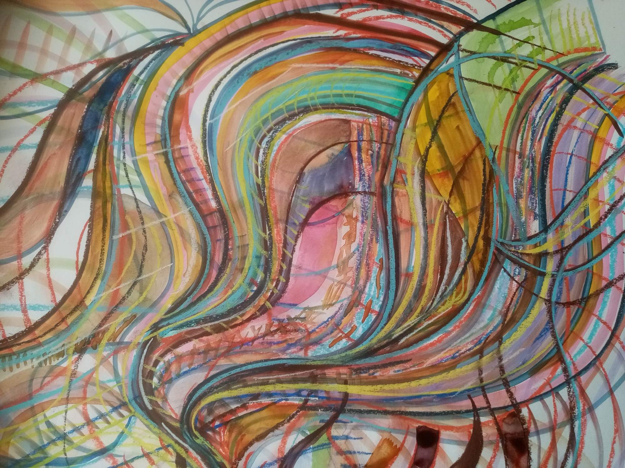 Tekening met brede golvende banen in roze, oranje en blauw