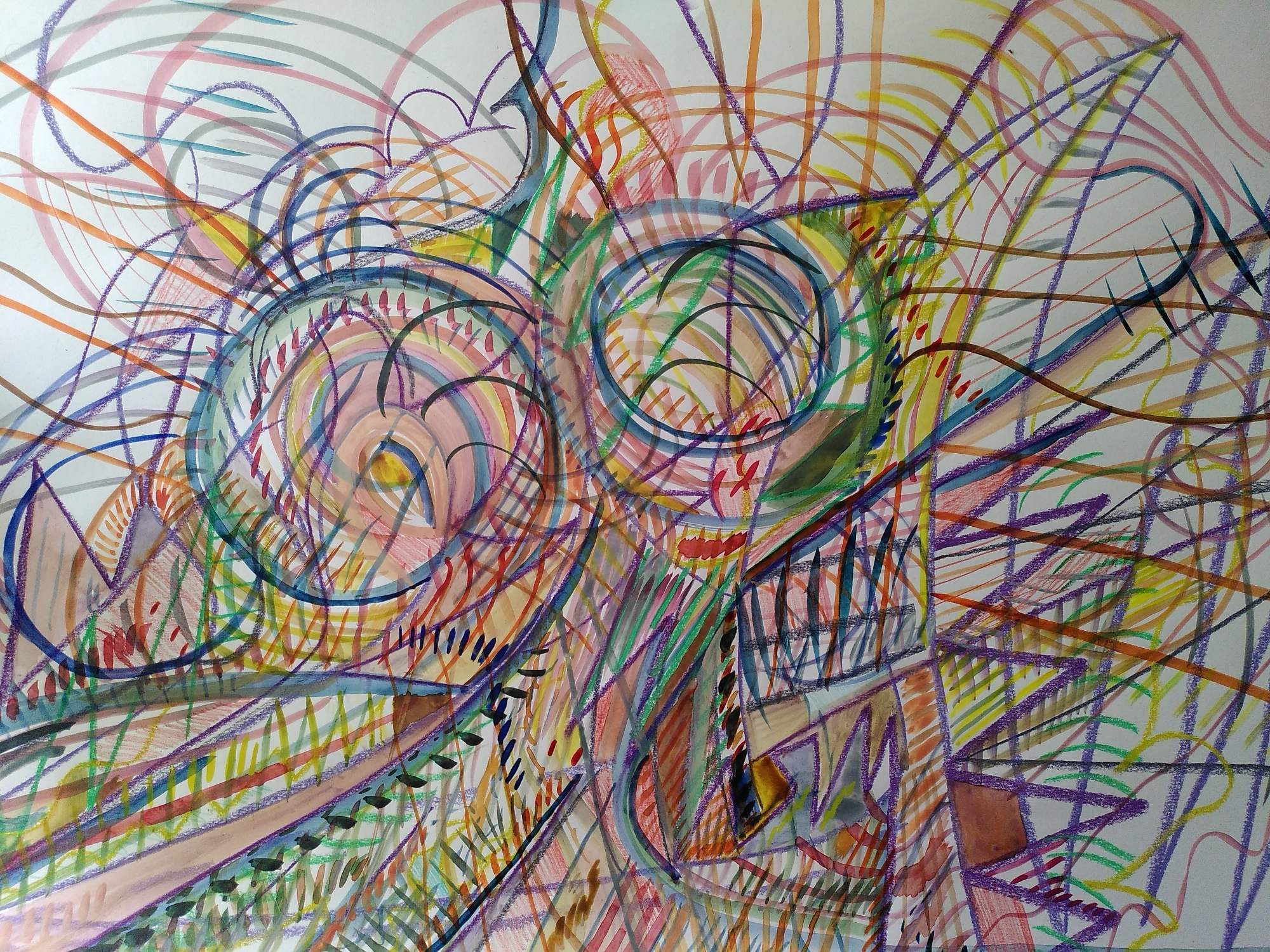Tekening met cirkels in en door elkaar, getekend in fijne gekleurde lijnen