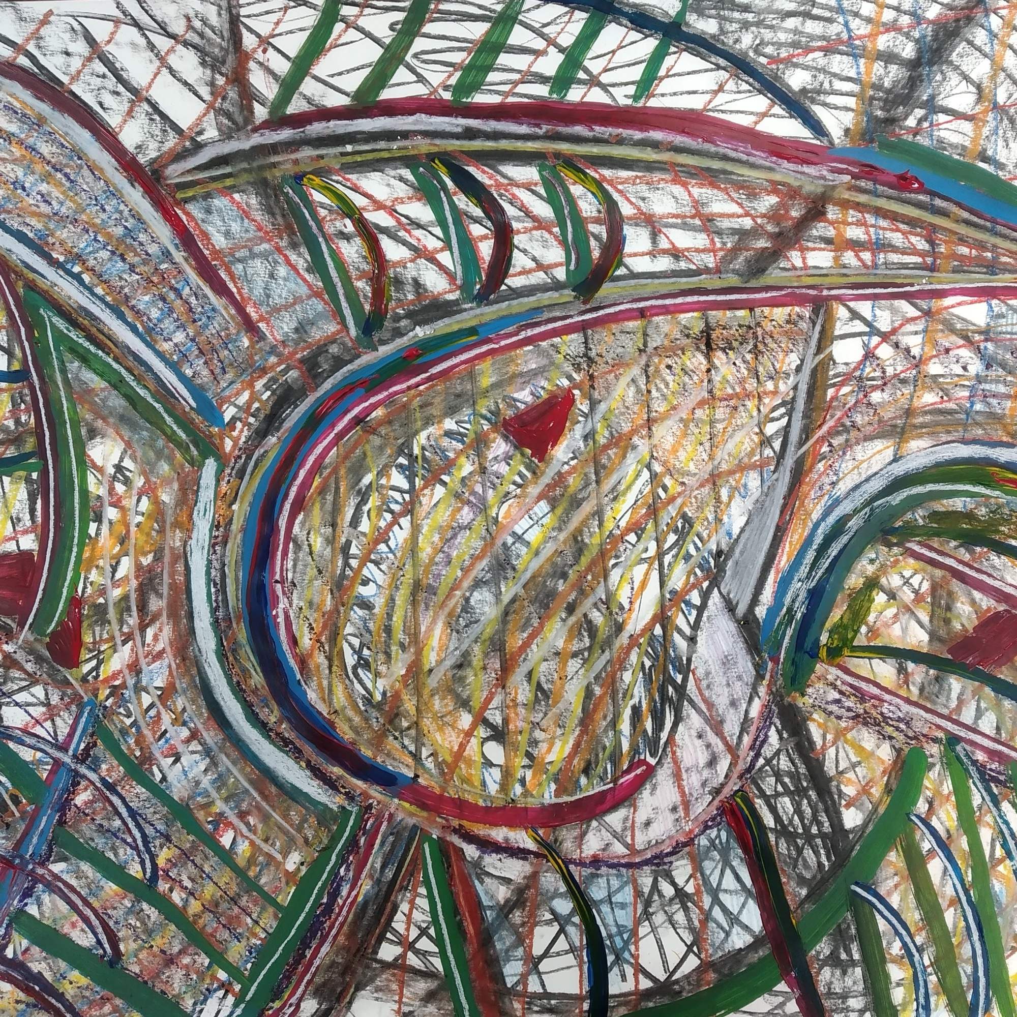 Staande tekening met een ovale draaikolk van donkere en gekleurde lijnen
